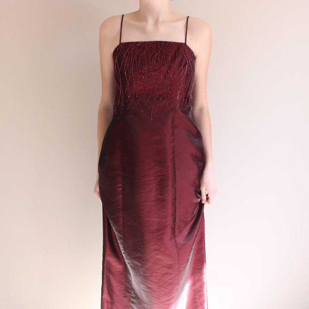 Alex Evenings Vintage 90s Red Beaded Prom Dress Jacket 2 Piece Set